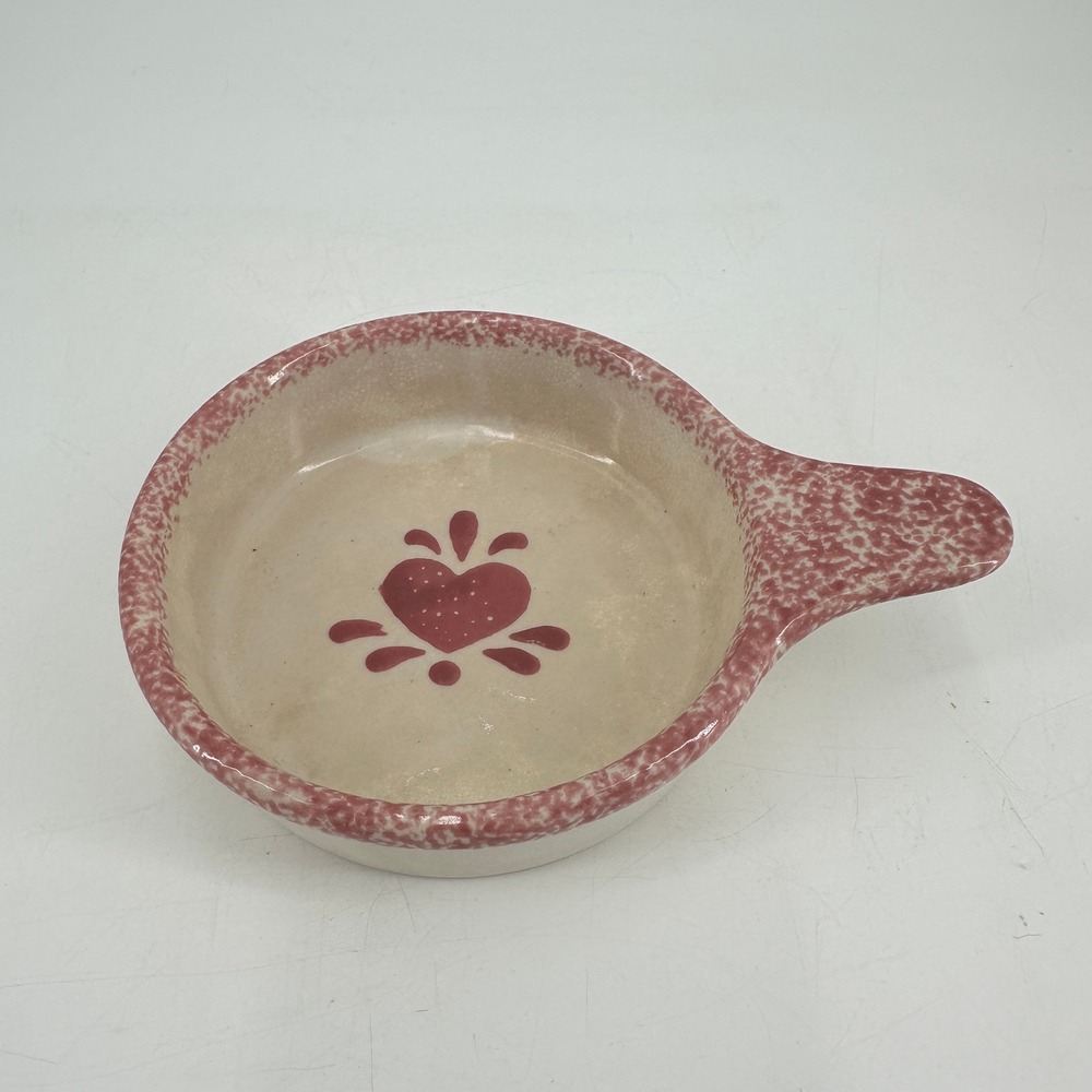 Loomco Pink Spongeware Heart Stoneware Skillet Dipping Bowl Folk Art Farmhouse